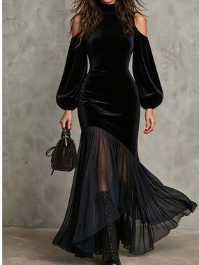 Classic Black Velvet Cold Shoulder Long sleeve Formal Party Wedding Dress